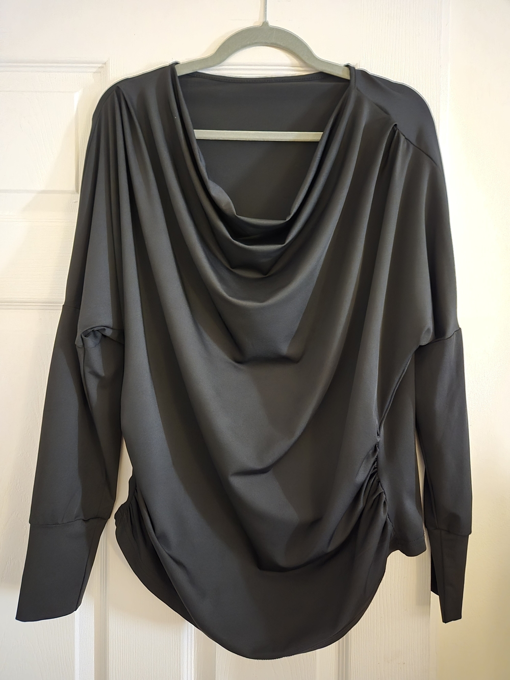 Draped Cowl Neck Long Sleeve Top - Charcoal